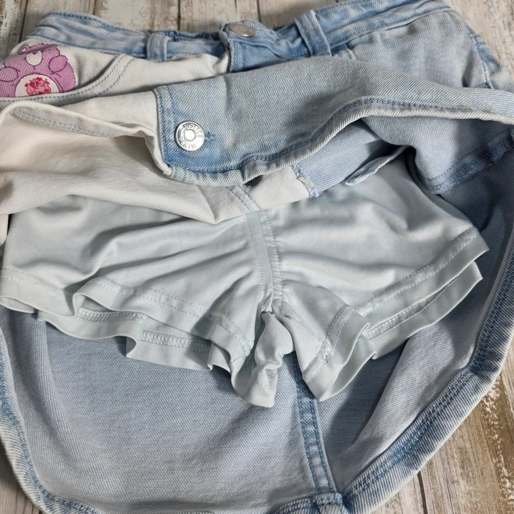 Justice Care Bears Denim Mini Skirt Light Wash Colorblock GirlButton Large 12/14